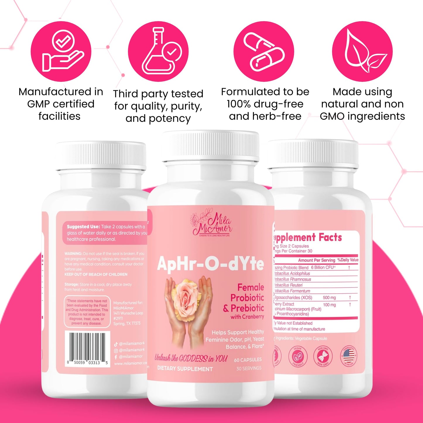 Mila Miamor ApHr-O-dYte Women’s Probiotic and Prebiotic with Cranberry, Gluten-Free, Non-GMO Supplement for Feminine Health, pH Balance, Odor Control, Urinary Tract 60 Capsules