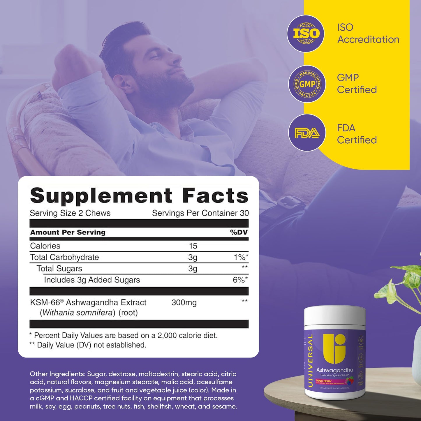 Universal U Calm + Focus Ashwagandha – KSM-66 300 mg Clinically Studied Extract for Stress Relief, Mood Balance & Calm Energy – Mixed Berry Flavor, 60 Chews