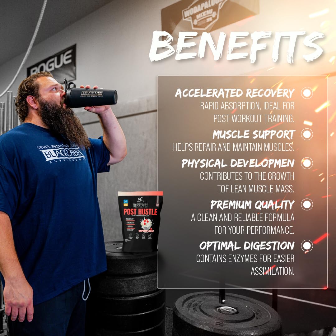 BLACKLABEL Supplements Post Hustle Post Workout Protein Powder 40 Servings – Whey Isolate Protein Powder with Digestive Enzymes – Raspberry Cream