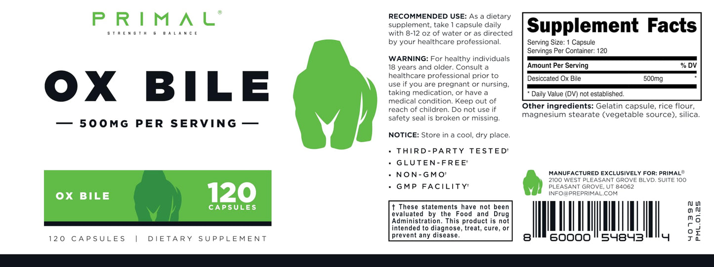 Primal Ox Bile (500mg) Capsules, 120 Count