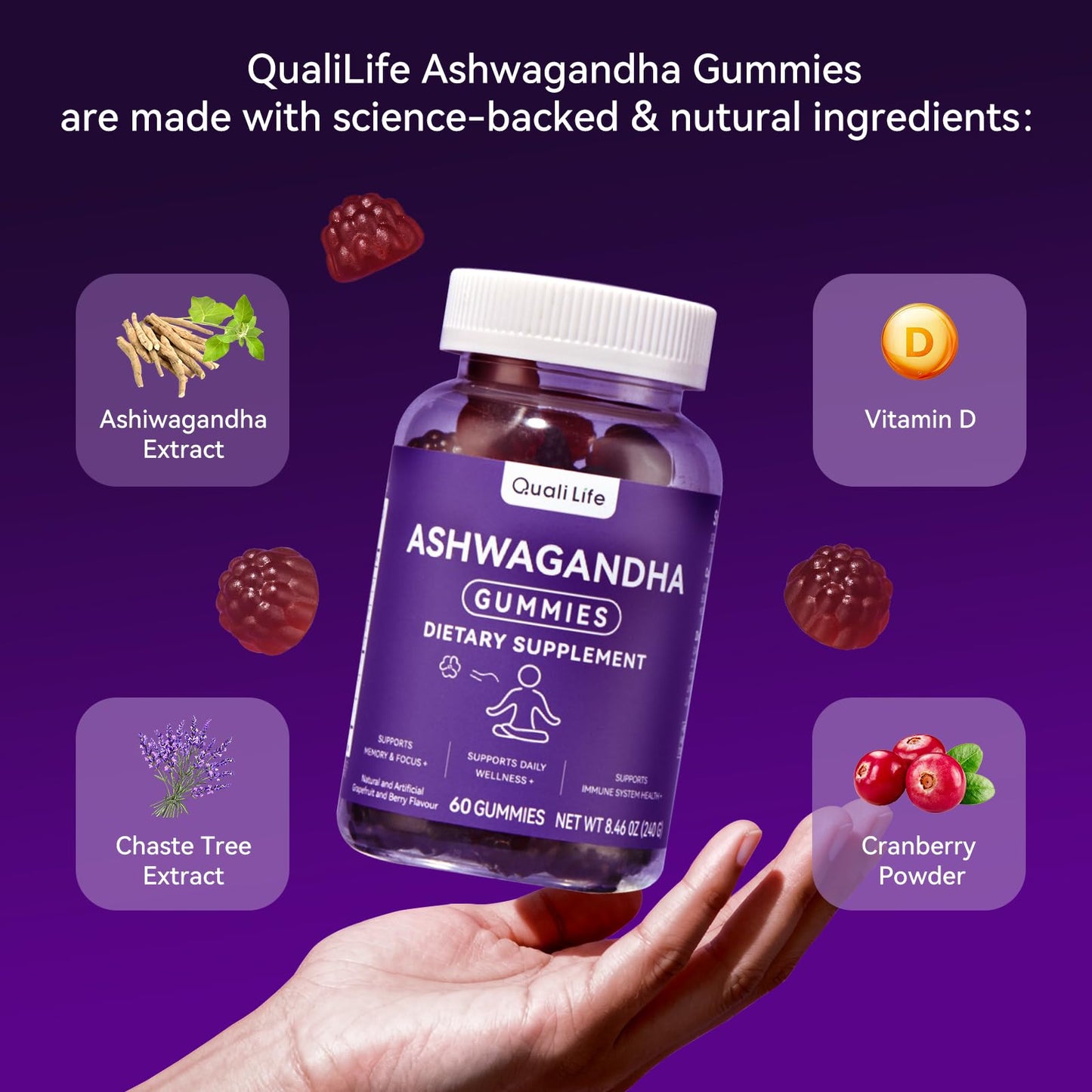 QualiLife Ashwagandha Gummies for Relax & Cortisol Support, 60 Gummies
