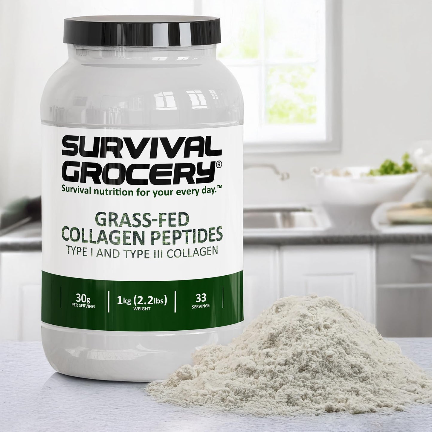 Survival Grocery Collagen Peptides Powder – Grass Fed Hydrolyzed Collagen Protein Supplement, Types I & III, Unflavored, Gluten Free, Keto Friendly, Non-GMO, Dairy Free, 1kg