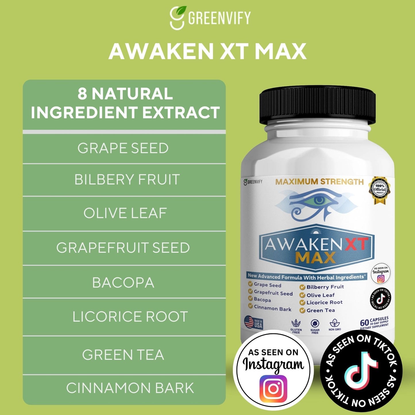 GREENVIFY Awaken XT Max Nootropic Supplement Capsule, 60 Capsules