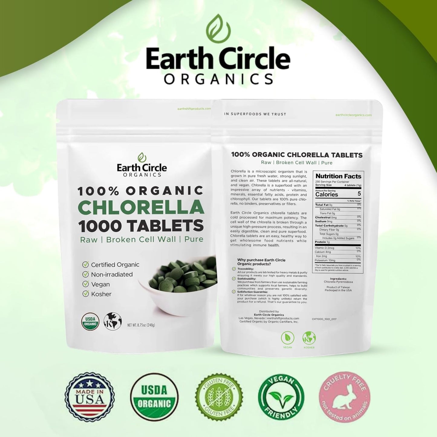 Earth Circle Organics Organic Chlorella Tablets 1000 Tablets
