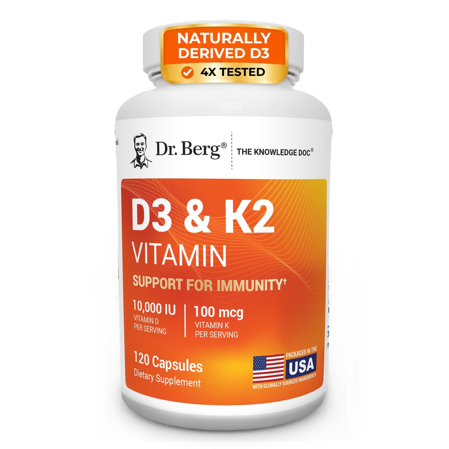 Dr. Berg Nutritionals Maximum Strength 7-in-1 Vitamin D3 K2 10,000 IU Naturally Derived D3 4X Lab-Tested & Verified High Absorption Formula K2 D3 Vitamin Supplement 120 Capsules