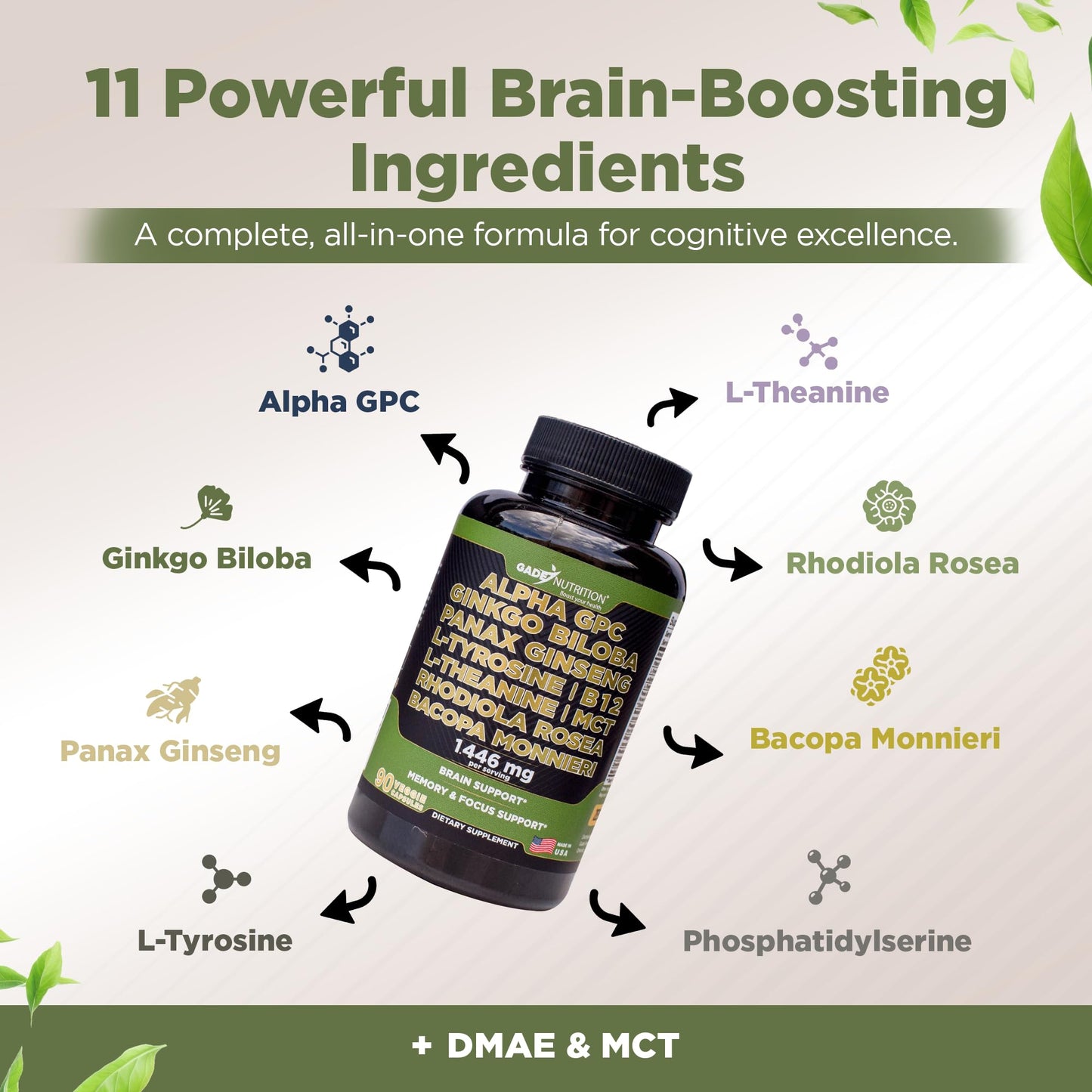 GADE NUTRITION Alpha GPC + Ginkgo Biloba + Panax Ginseng + L-Tyrosine, L-Theanine, Bacopa Monnieri, Rhodiola Rosea, B12, MCT, 90 Capsules