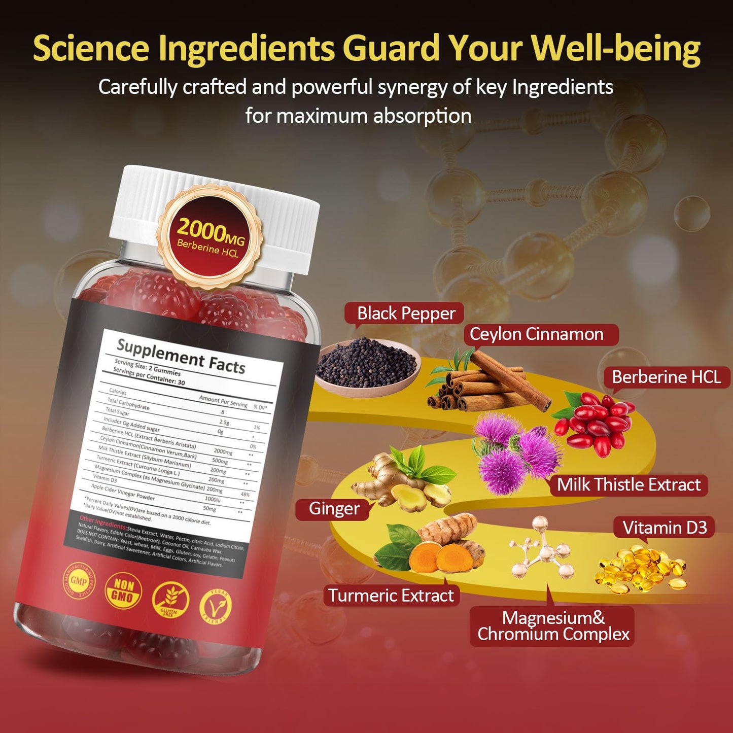 GparkNature Berberine Gummies 2000 mg with Ceylon Cinnamon, Turmeric, Milk Thistle, Magnesium, Chromium for Immune Support, Sugar Free, Vegan Raspberry Flavor, 60 Count