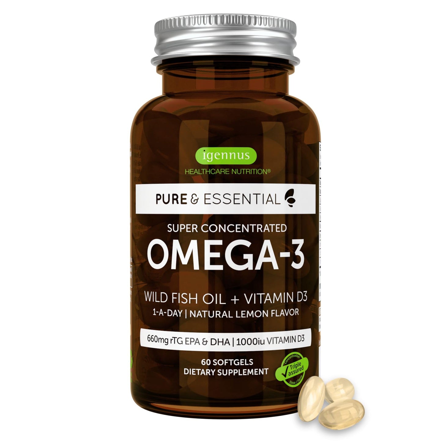 Igennus Healthcare Nutrition Ultra Pure Omega-3 rTG, IFOS Certified Wild Fish Oil & Vitamin D3 Softgels 60 Count