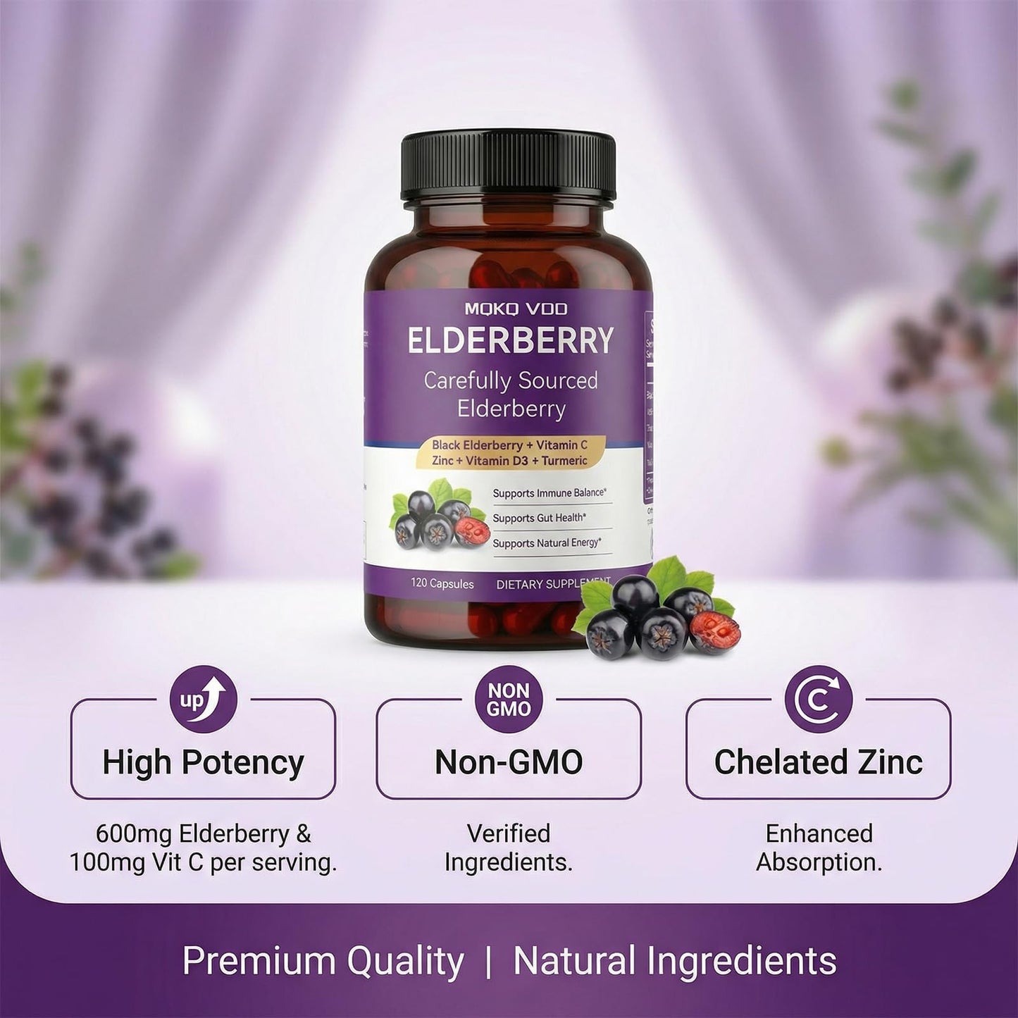 MQKQ VDD Elderberry Immune Support Capsules, 120 Count