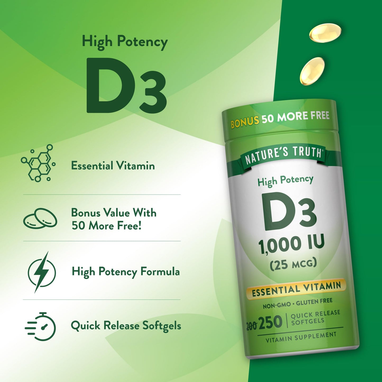 Nature's Truth D3 1000 IU Softgels, 250 Softgels