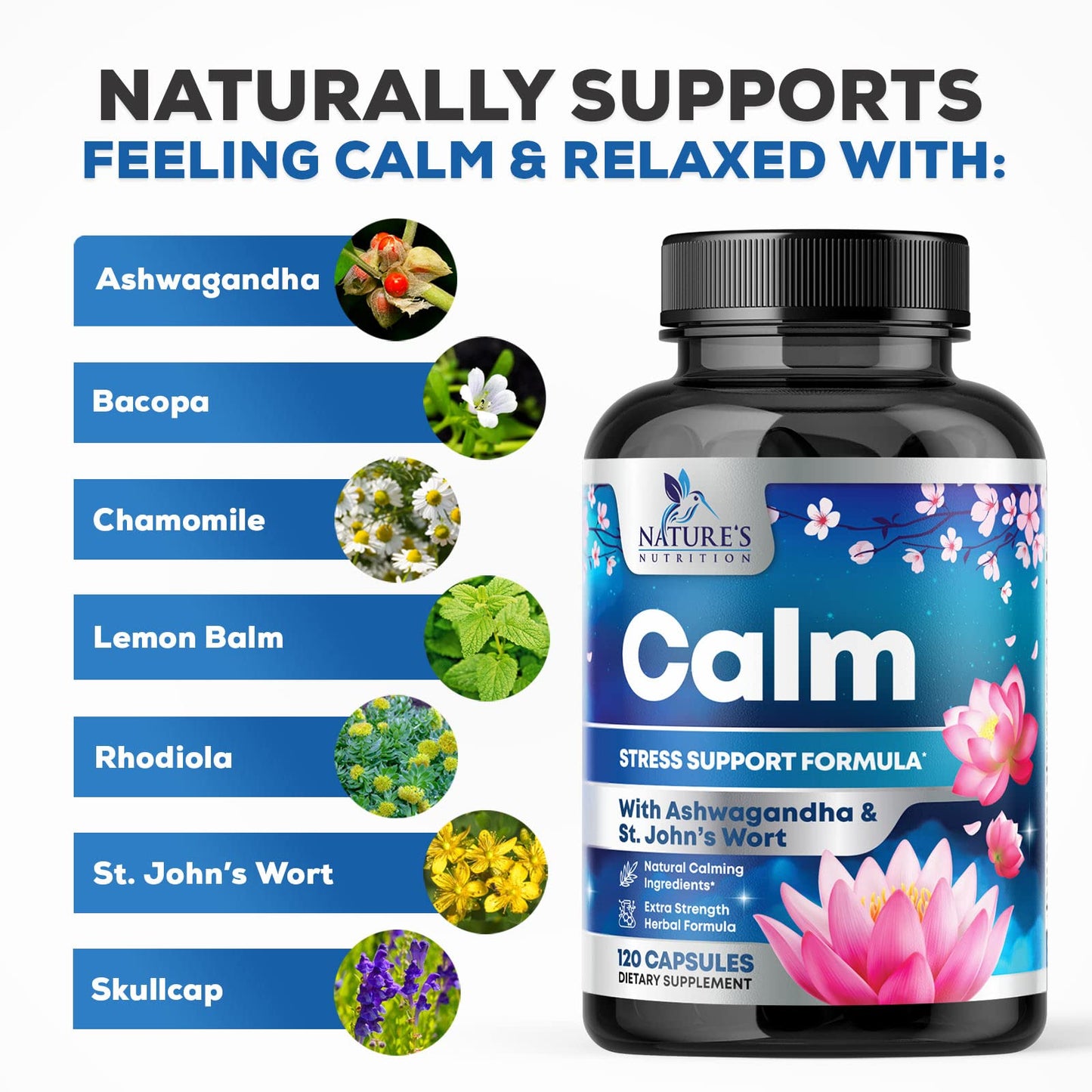 Nature's Nutrition Stress Support Supplement Extra Strength Ashwagandha, GABA, Magnesium, L-Theanine for Relief - Supports Mood & Focus - Naturally Calm, Unwind & Relax - Eases Tension & Nervousness 120 Capsules