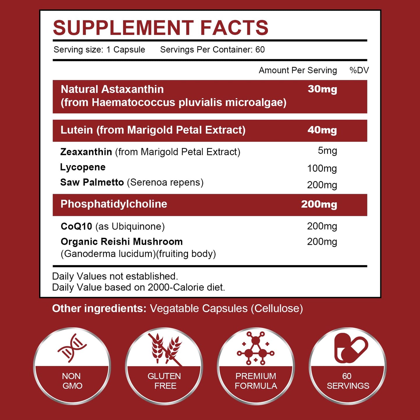 Spliferkou Astaxanthin and Lycopene 70mg, Astaxanthin Supplement with Phosphatidylcholine, Lutein and Zeaxanthin, Powerful Antioxidants for Skin, Eye and Joint Health 60 Capsules