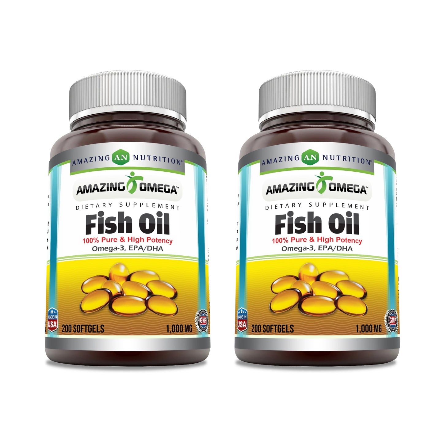 Amazing Nutrition Omega Fish Oil 1000 mg Softgels, Omega-3 (180 mg EPA, 120 mg DHA) High Potency, 200 Count