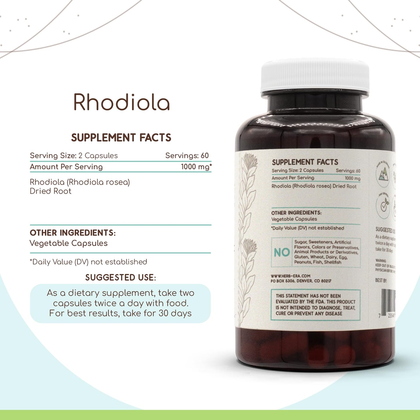 HerbEra Rhodiola 500 mg Capsules, 120 Count