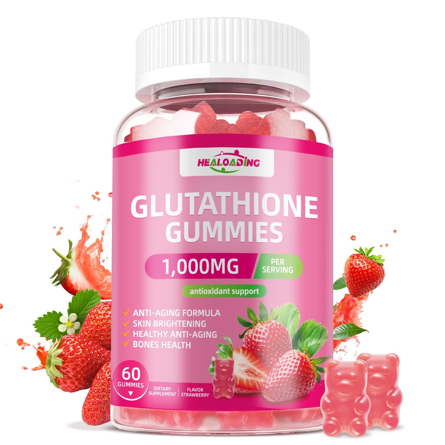 HEALOADING Glutathione Gummies 1000mg with Collagen & L-Glutamine, Vitamins C, E, D & B12, 60 Count