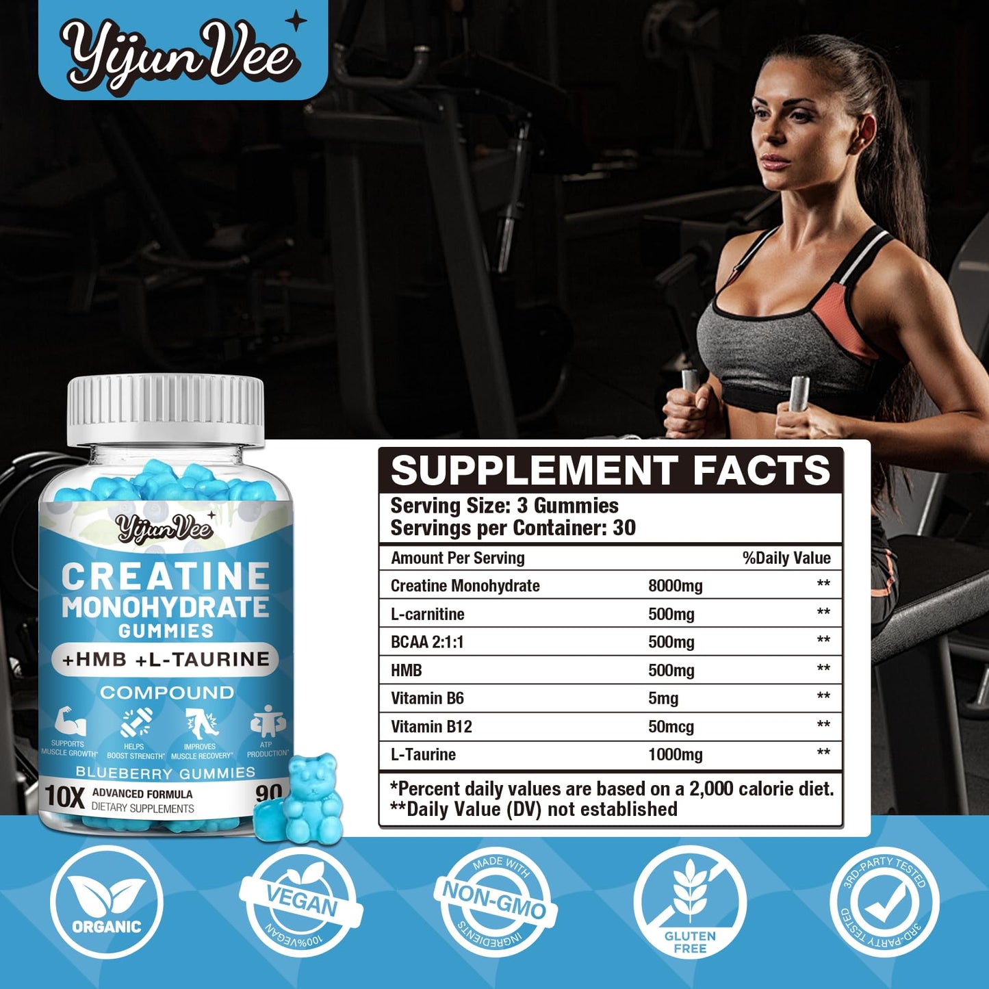 YijunVee Creatine Monohydrate Gummies, 90 Count