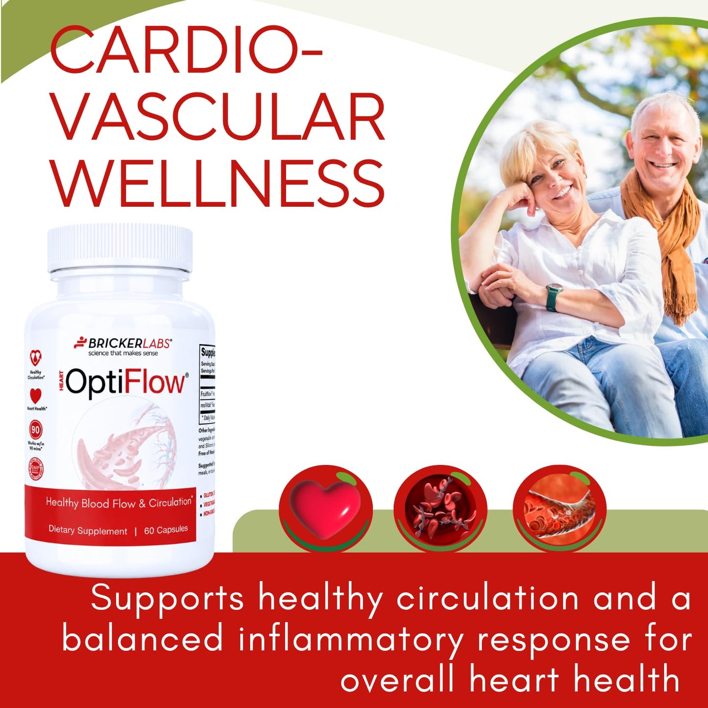Bricker Labs OptiFlow Circulation Supplement – Supports Healthy Blood Flow & Cardiovascular Function, Vascular Health with FruitFlow & resVida Resveratrol, Gut-Friendly Formula, 60 Capsules