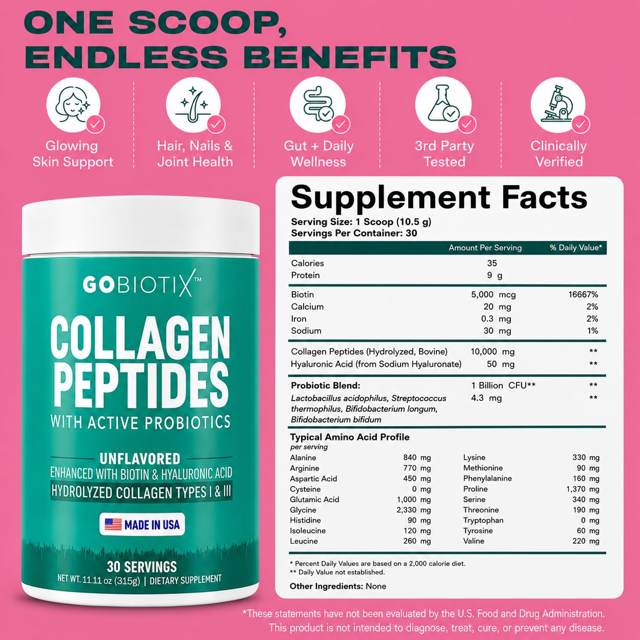 GOBIOTIX Collagen Peptides Powder with Probiotics, Biotin & Hyaluronic Acid - Hydrolyzed Collagen Supplement for Women - Hair Skin Nails, Joint & Digestive Health - Type I & III - 11.11 Ounce, 30 Servings