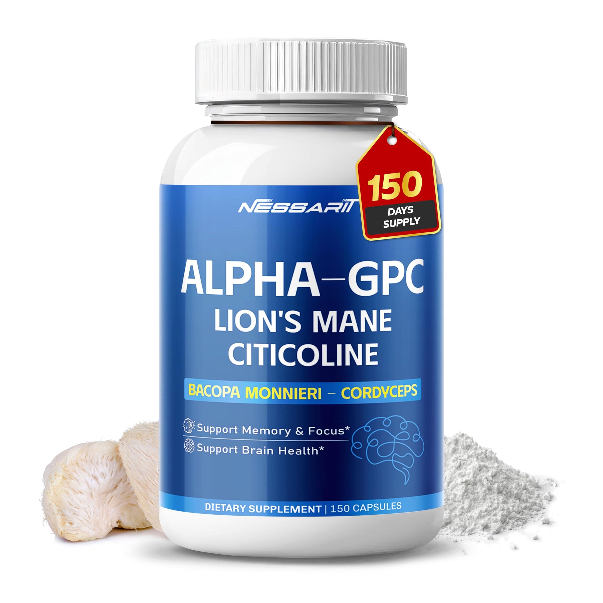 NESSARIT Liposomal Alpha-GPC, Lion’s Mane, Citicoline, Bacopa Monnieri & Cordyceps – Support Memory, Focus & Brain Health – 150 Capsules