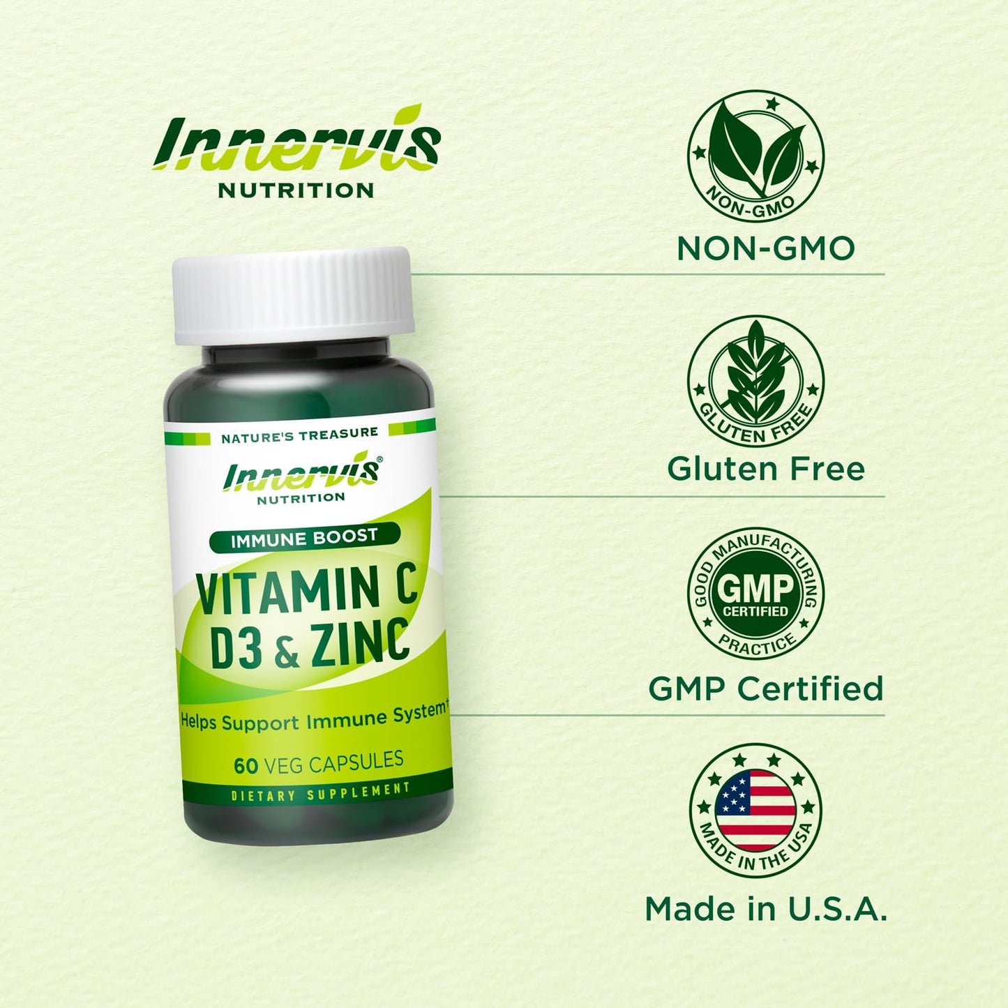 INNERVISNUTRITION Immune Boost Complex Vitamin C 900mg, D3 2500 IU & Zinc 25mg Capsules, 60 Count