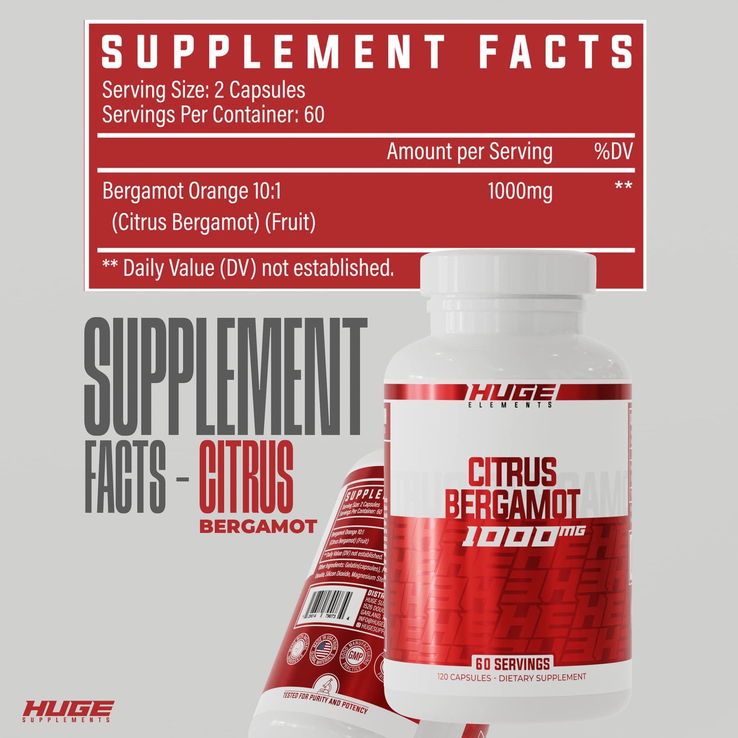 Huge Supplements 100% Pure Citrus Bergamot Extract 10:1 1000mg per Serving, 60 Capsules
