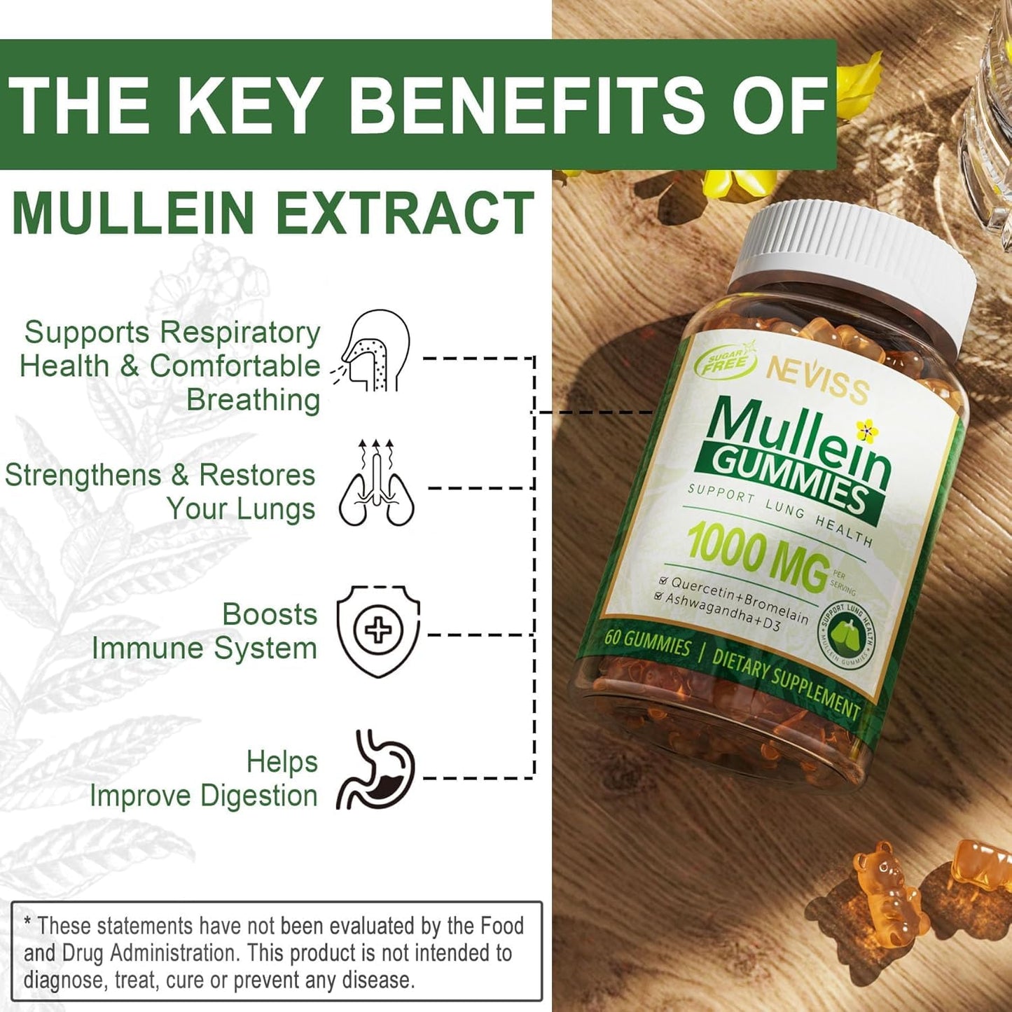 NEVISS Mullein Gummies for Lungs 120 Count