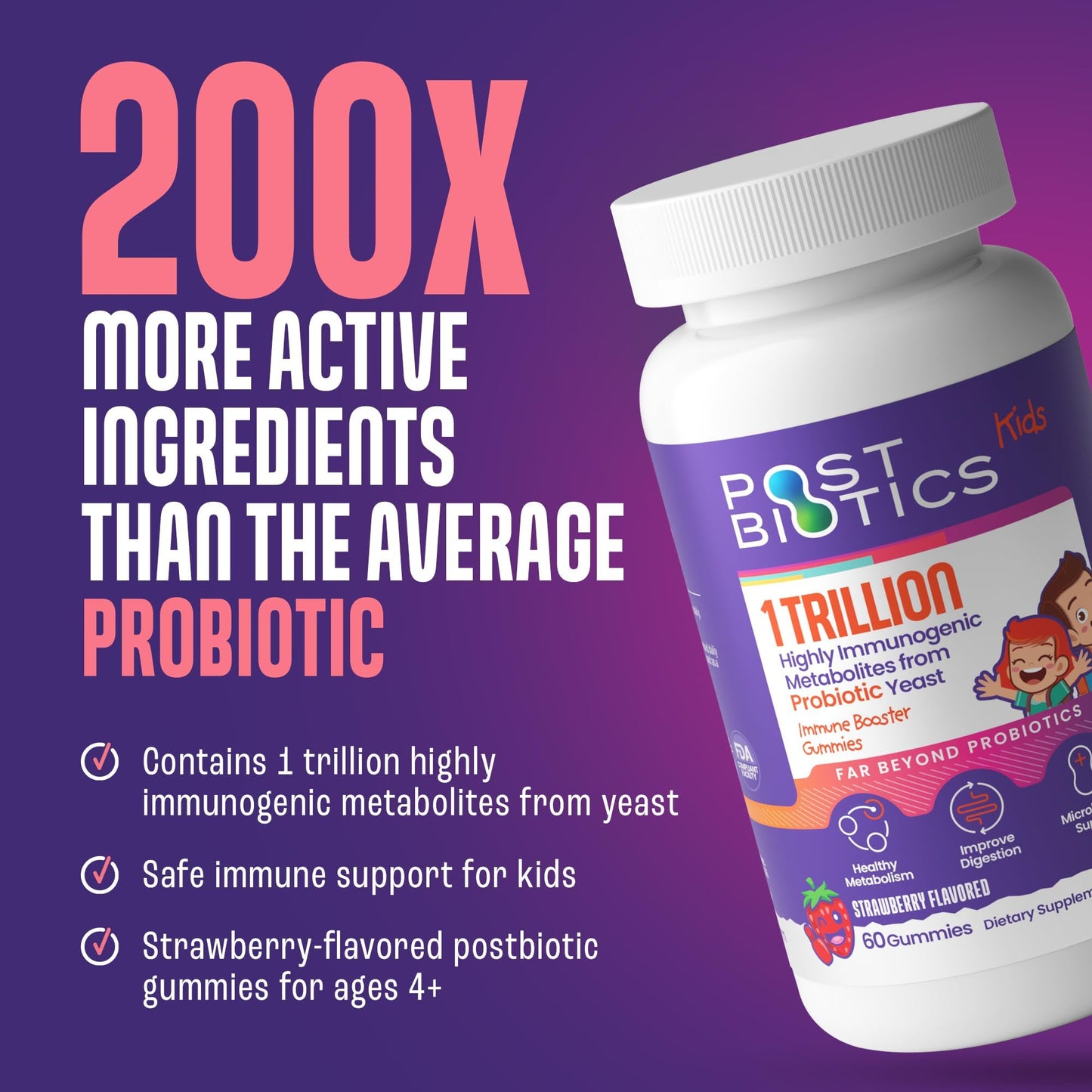 NAVEH PHARMA Postbiotics Kids Strawberry Gummies 60 Gummies