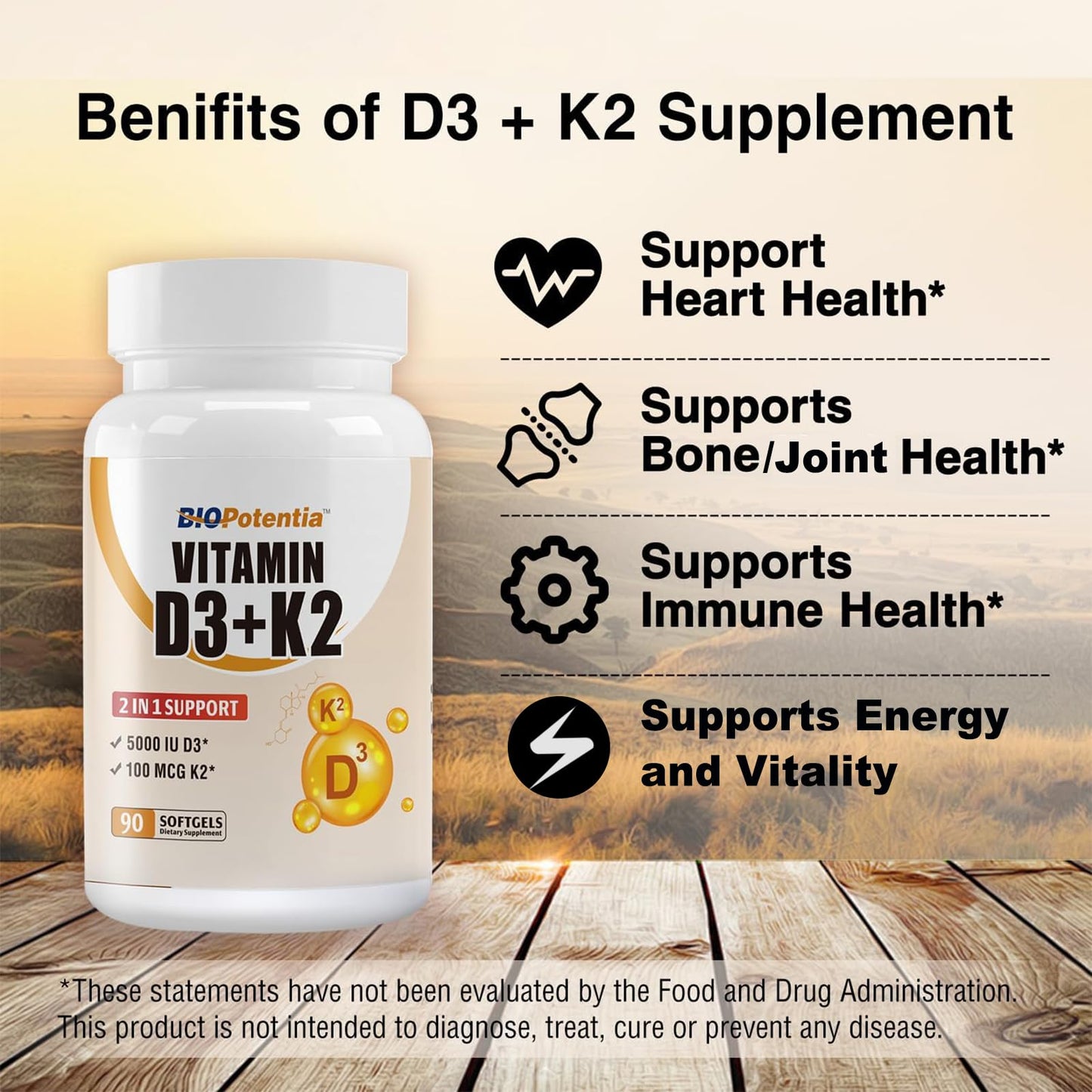BIO POTENTIA Vitamin D3 K2 (MK7) Softgel Supplement with MCT Oil, 90 Softgels
