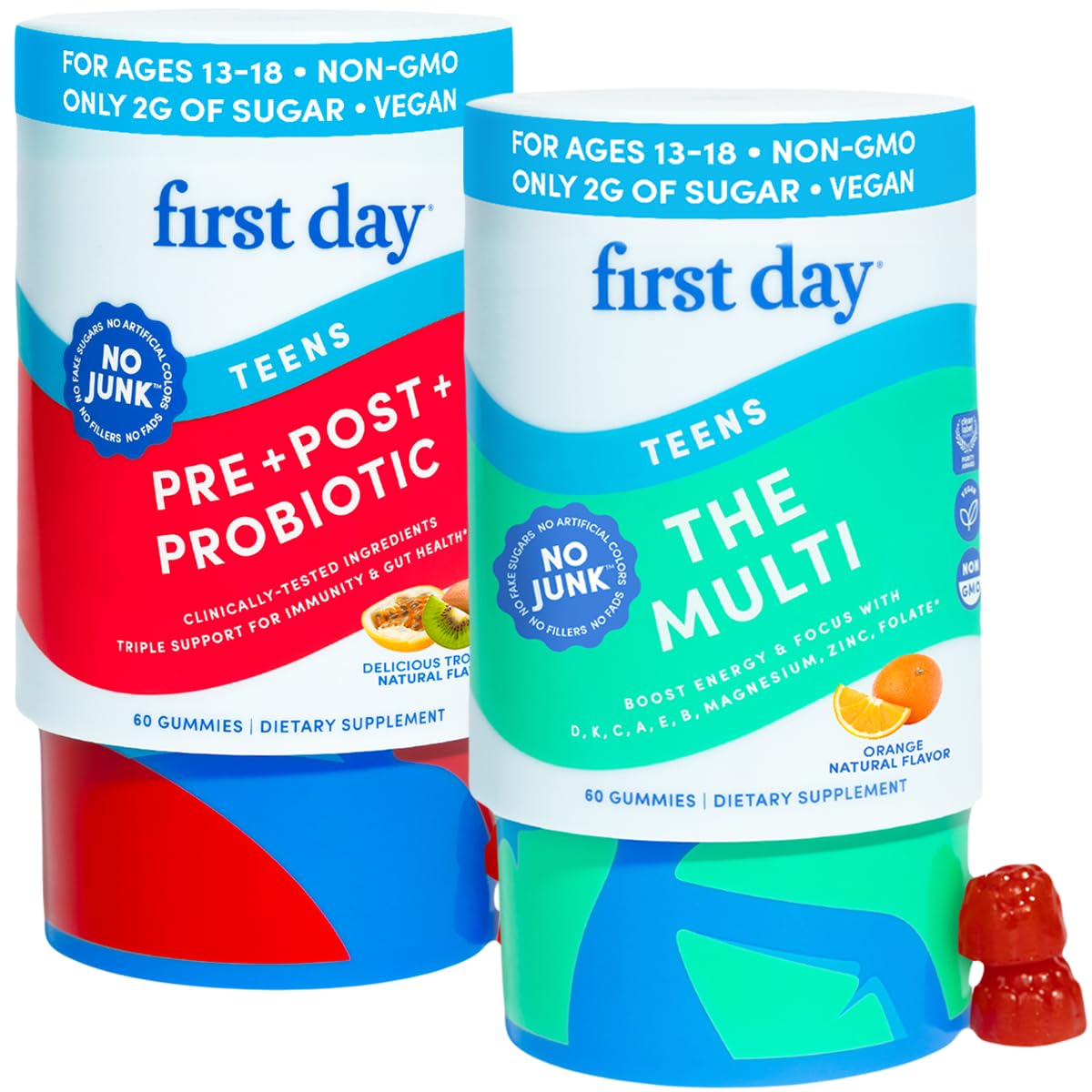 FIRST DAY Teens Tropical Tribiotic Gummies & Orange Multivitamin Gummies