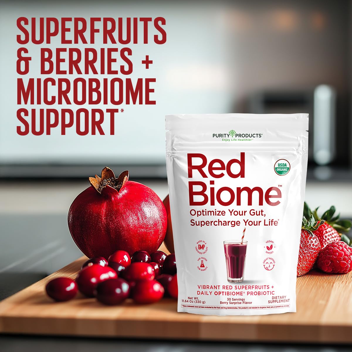 Purity Products Red Biome – Gut Biome & Digestive Health Support with OPTIBIOME Probiotic 11.64 Ounce Powder