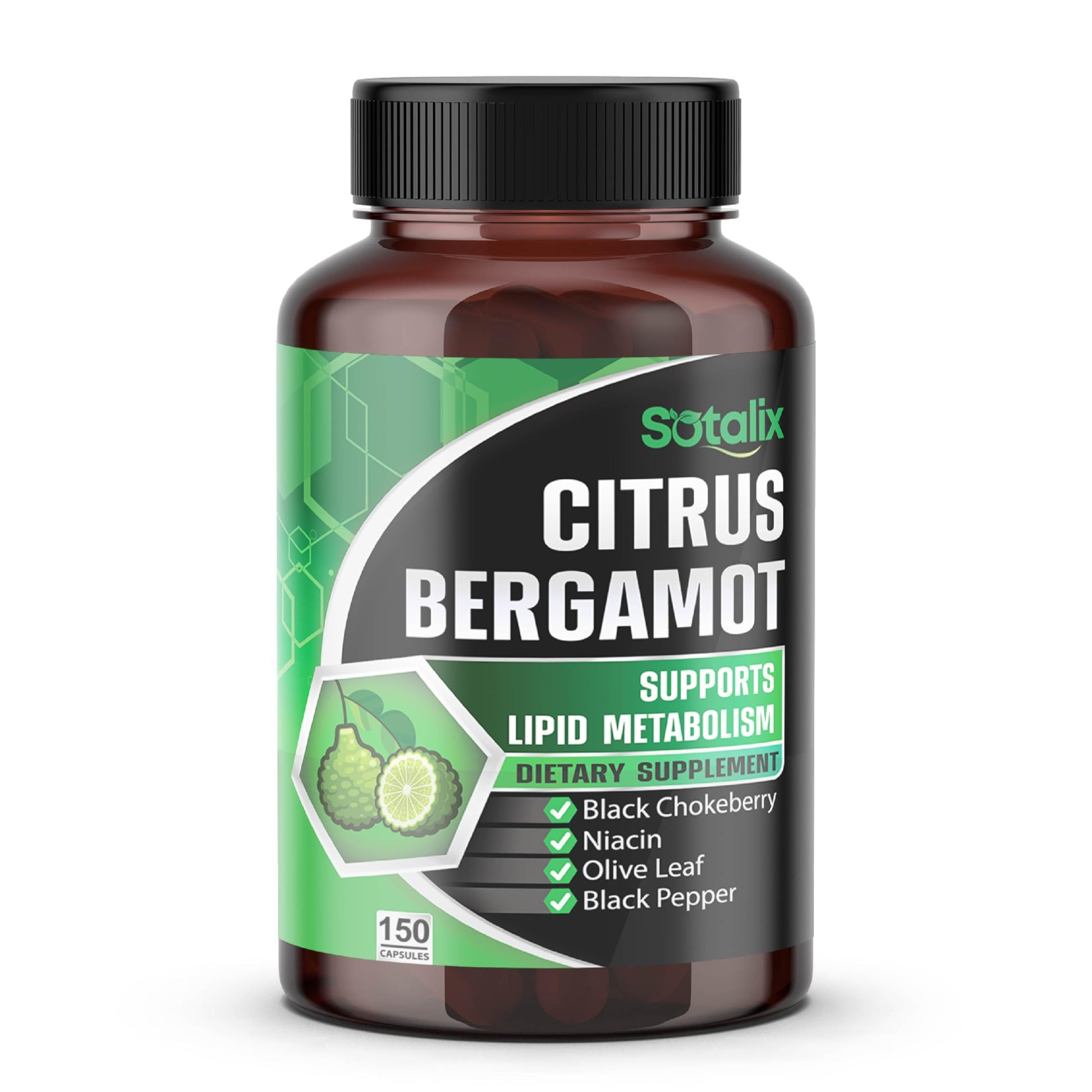 Sotalix Supplement Premium Citrus Bergamot Organic Bergamot Supplement with Niacin, Black Chokeberry, Olive Leaf, Black Pepper - Heart & Circulatory Function Support Capsules 150 Count