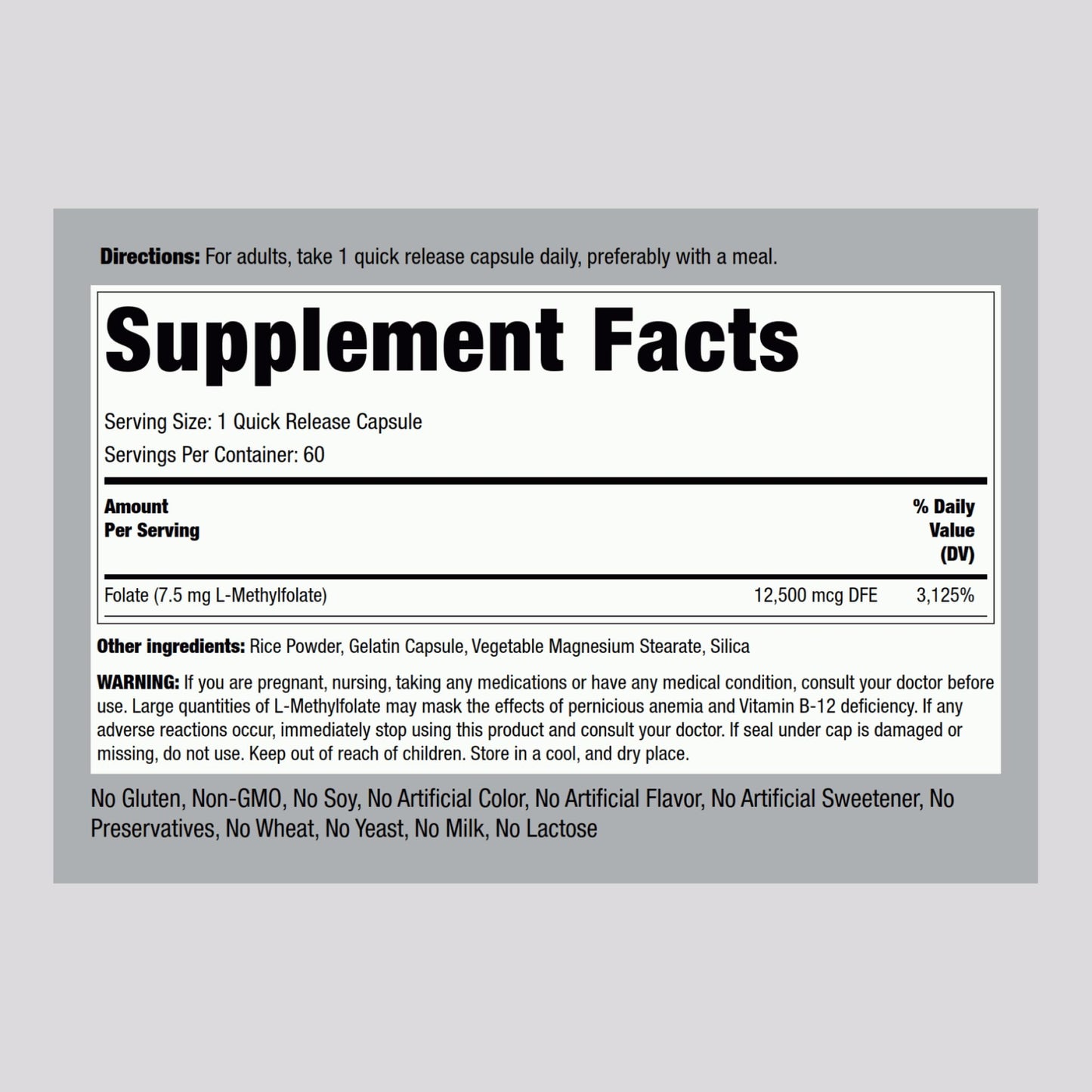 Piping Rock L-Methylfolate 7.5 mg Capsule, 60 Count