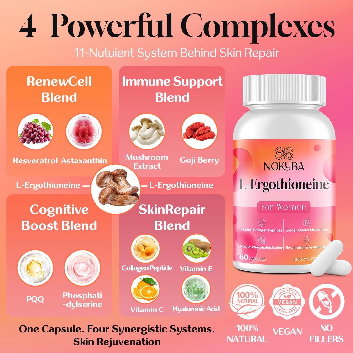 Nokuba L-Ergothioneine with Collagen Peptides, Hyaluronic Acid Capsules 120