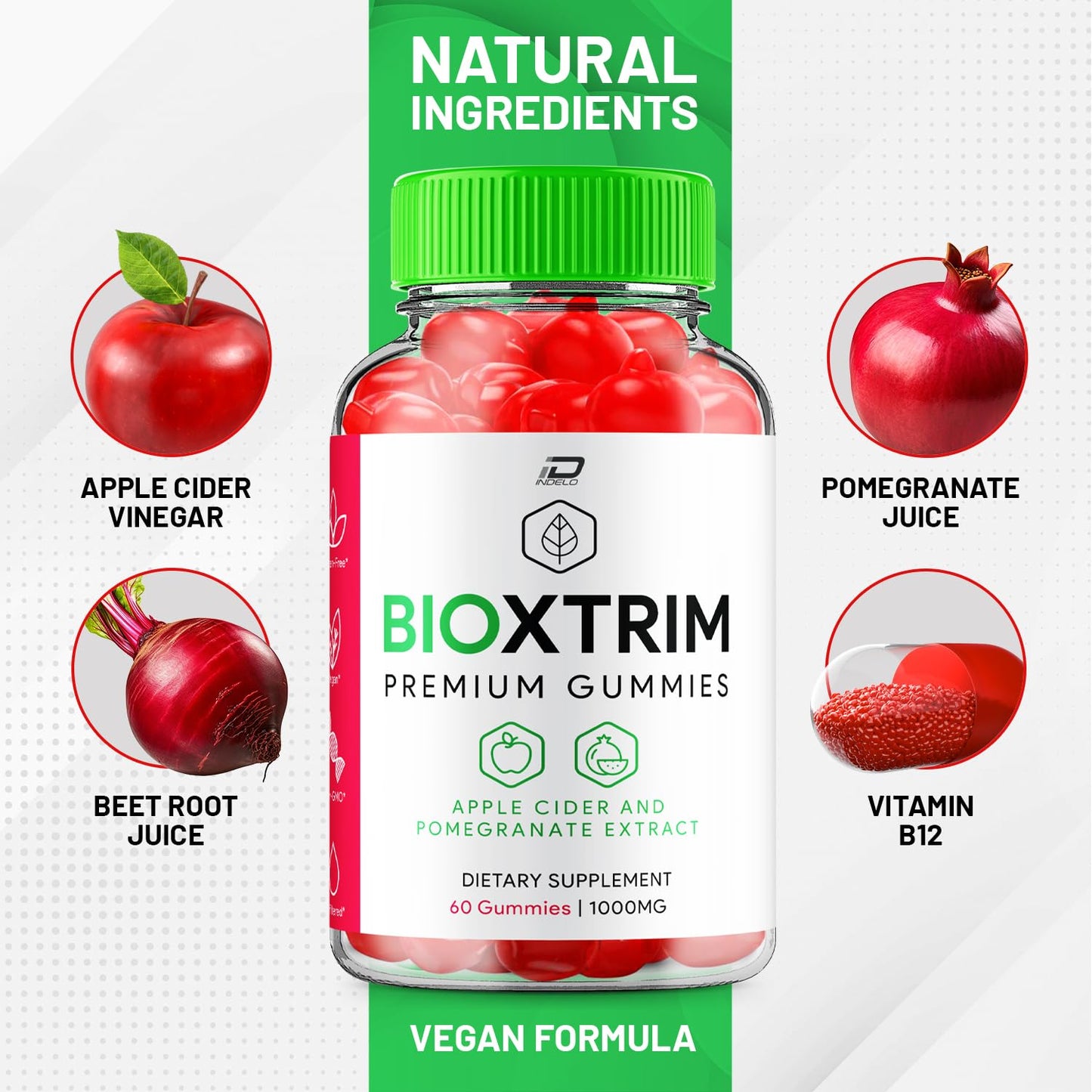 Indelo BioXtrim ACV Gummies 1000mg, Keto + Apple Cider Vinegar, Vitamin B12, 60 Gummies