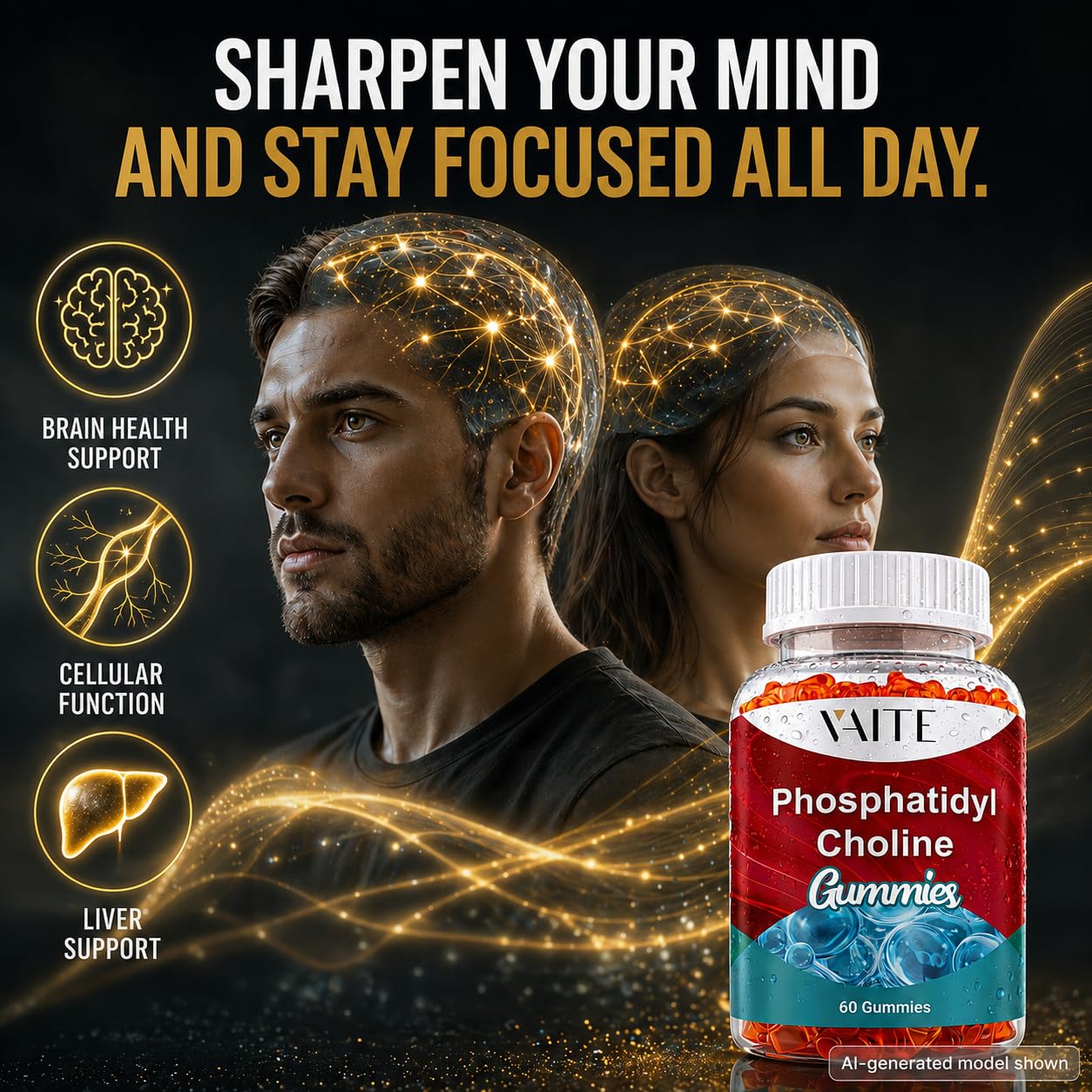 VAITE Phosphatidylcholine Gummies 600 mg Sunflower Lecithin 5-in-1 Choline Complex with Alpha GPC 150 mg, Phosphatidylserine 100 mg, Inositol 100 mg & Choline Bitartrate 50 mg for Daily Focus, 60 Gummies