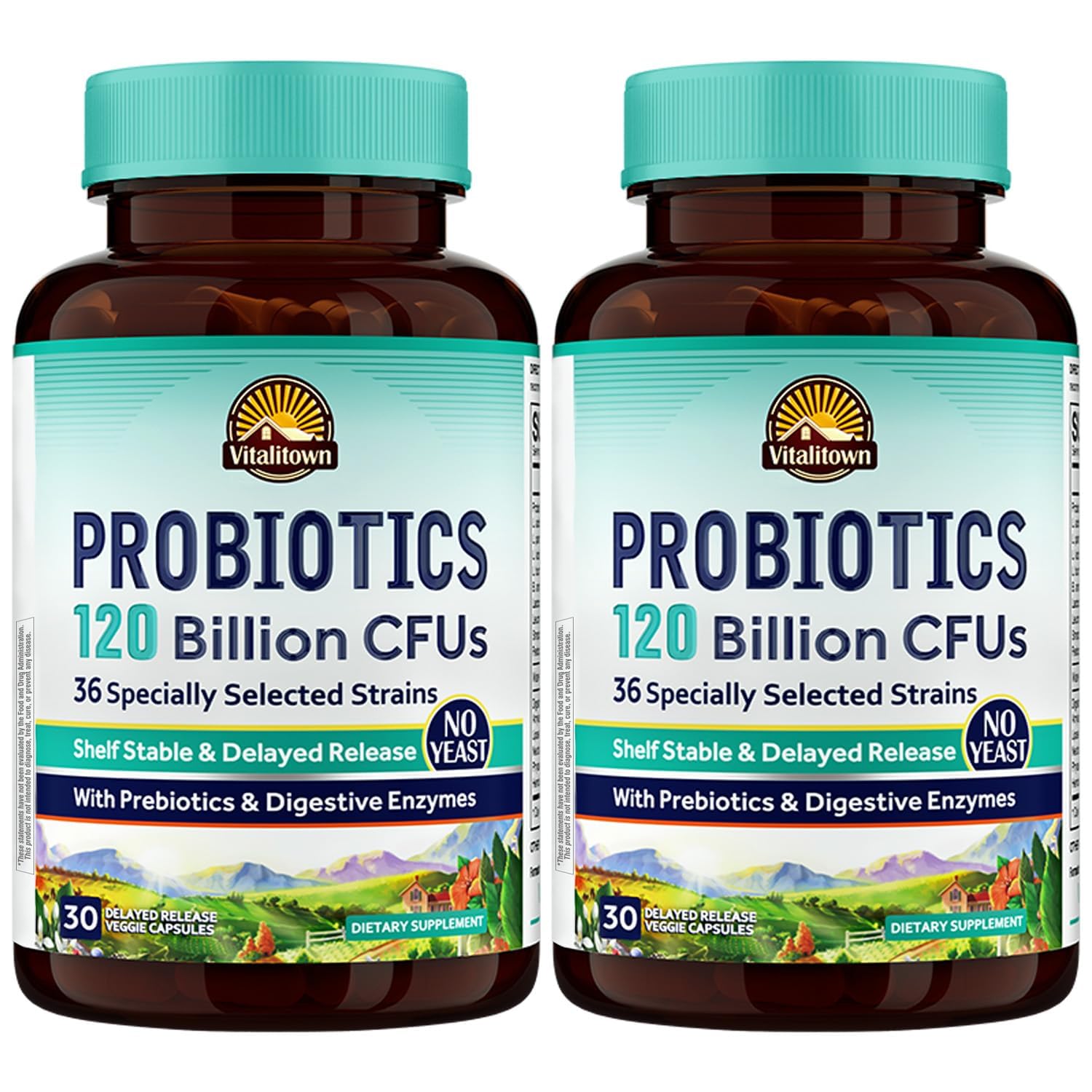 Vitalitown Probiotics 120 Billion CFUs, 36 Strains, with Prebiotics & Digestive Enzymes, 60 Veg Capsules