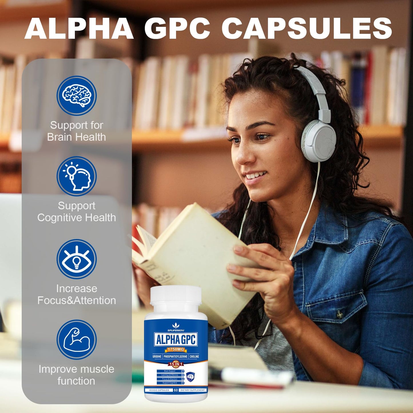 Spliferkou 15-in-1 Alpha GPC Supplement with Phosphatidylserine, Uridine, L-Theanine, Lion's Mane Mushroom, 60 Capsules