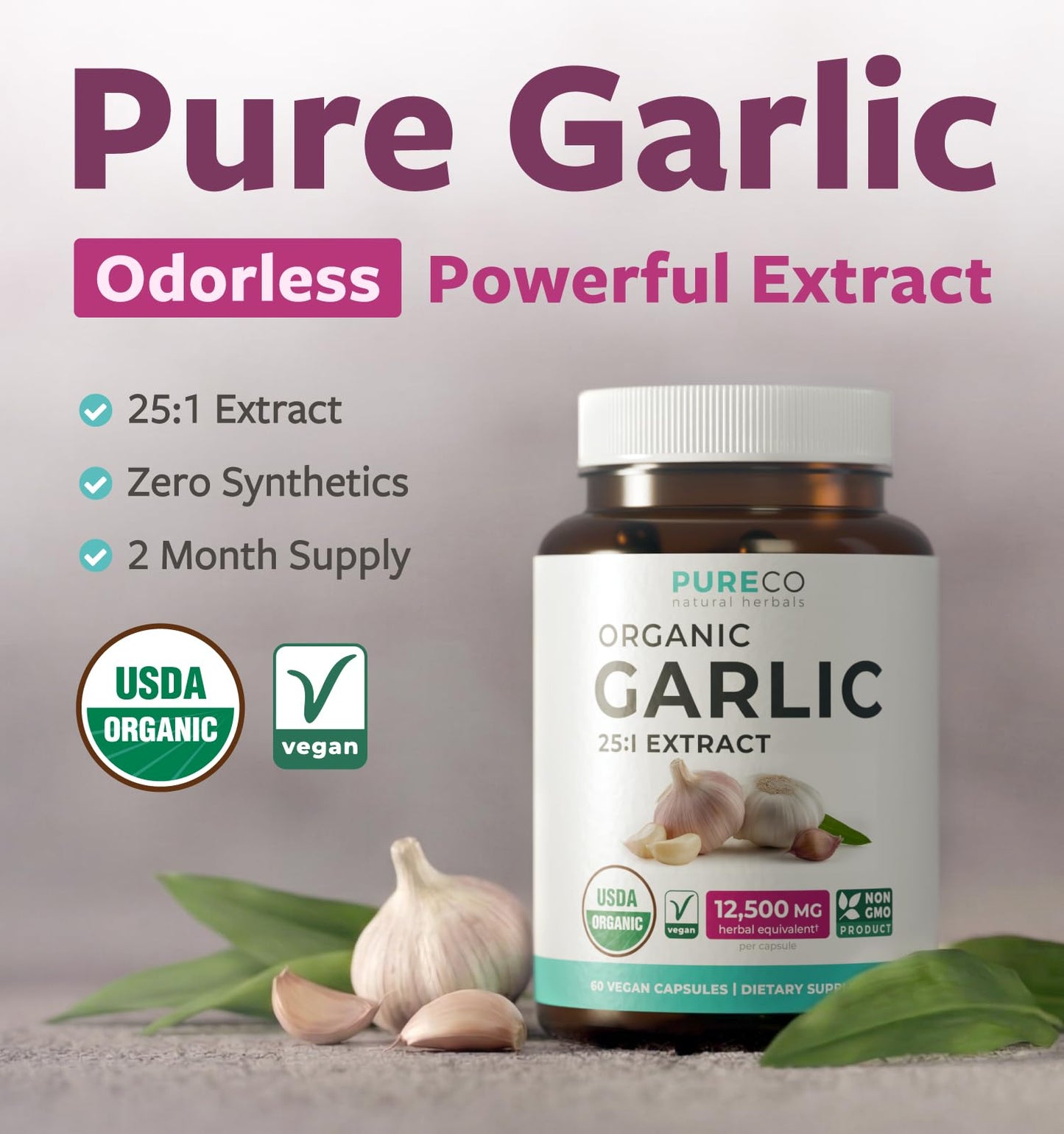 PURE CO USDA Organic Garlic Supplement Capsule 60 Count