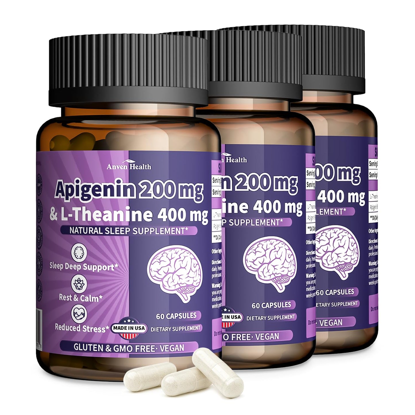 Anven Health L-Theanine Apigenin Sleep Relaxation Supplement 180 Capsules
