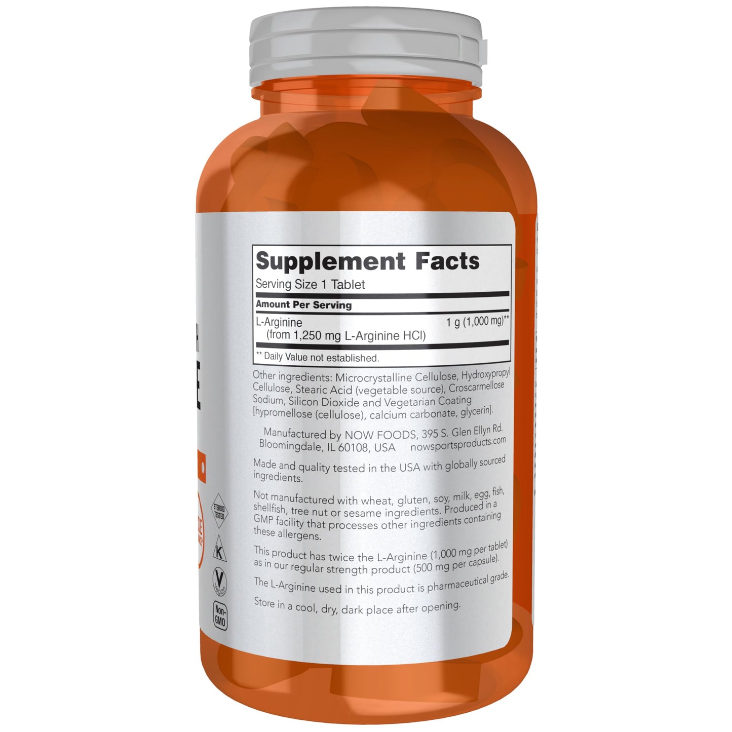 NOW Foods L-Arginine Double Strength 1000mg Nitric Oxide Precursor, Amino Acids, 180 Tablets