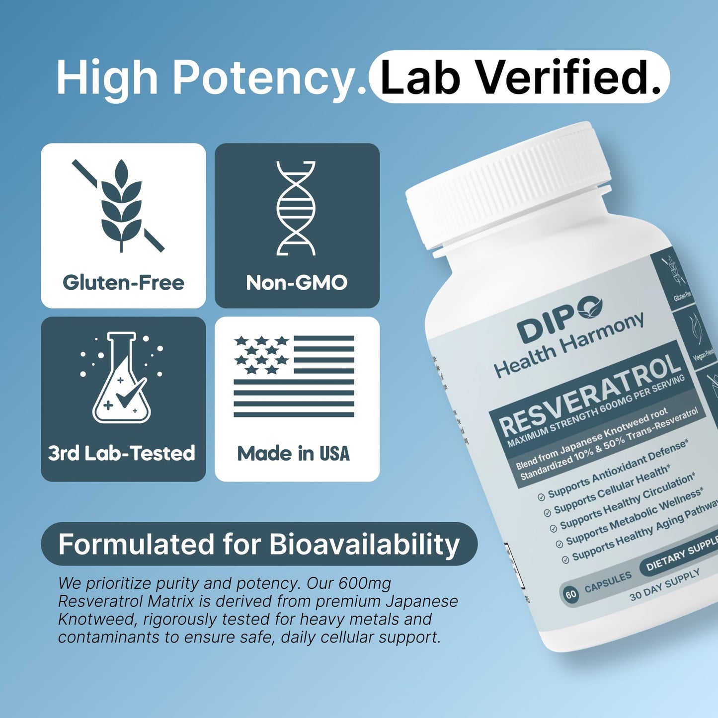 DIPO HEALTH HARMONY Resveratrol Complex 600mg - Trans Resveratrol Supplement from Japanese Knotweed Root Extract, 60 Capsules