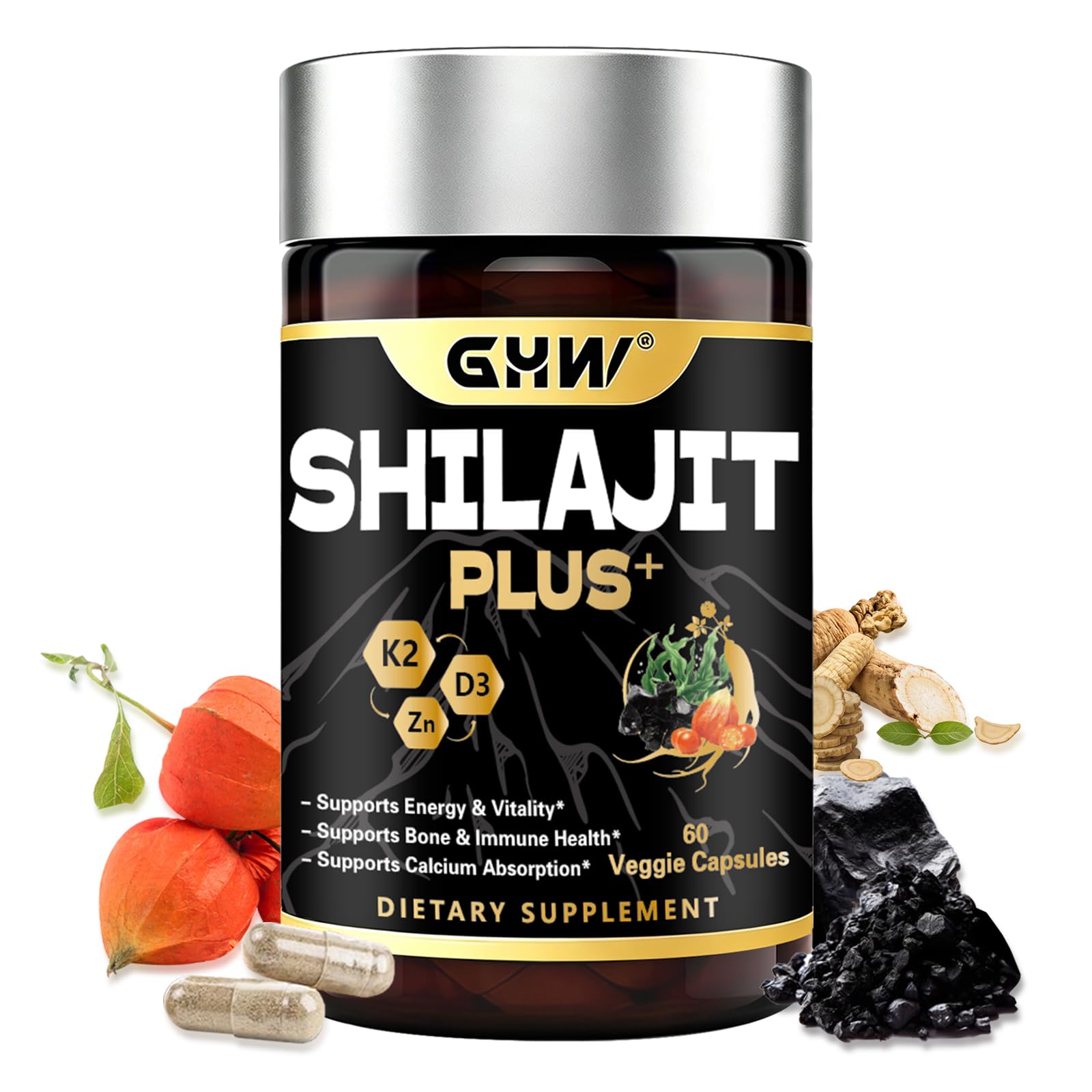 GHW Shilajit for Men Capsules with Vitamin D3 K2 & Zinc, Natural Fulvic Ashwagandha Ginseng, Supports Stamina Immune Health and Male Vitality, 60 Capsules