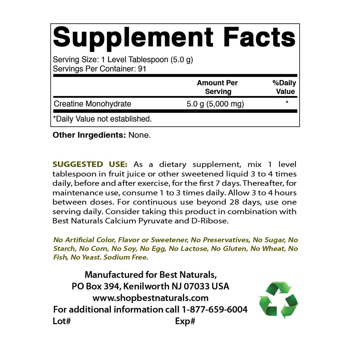 Best Naturals Creatine Monohydrate Powder 16 oz