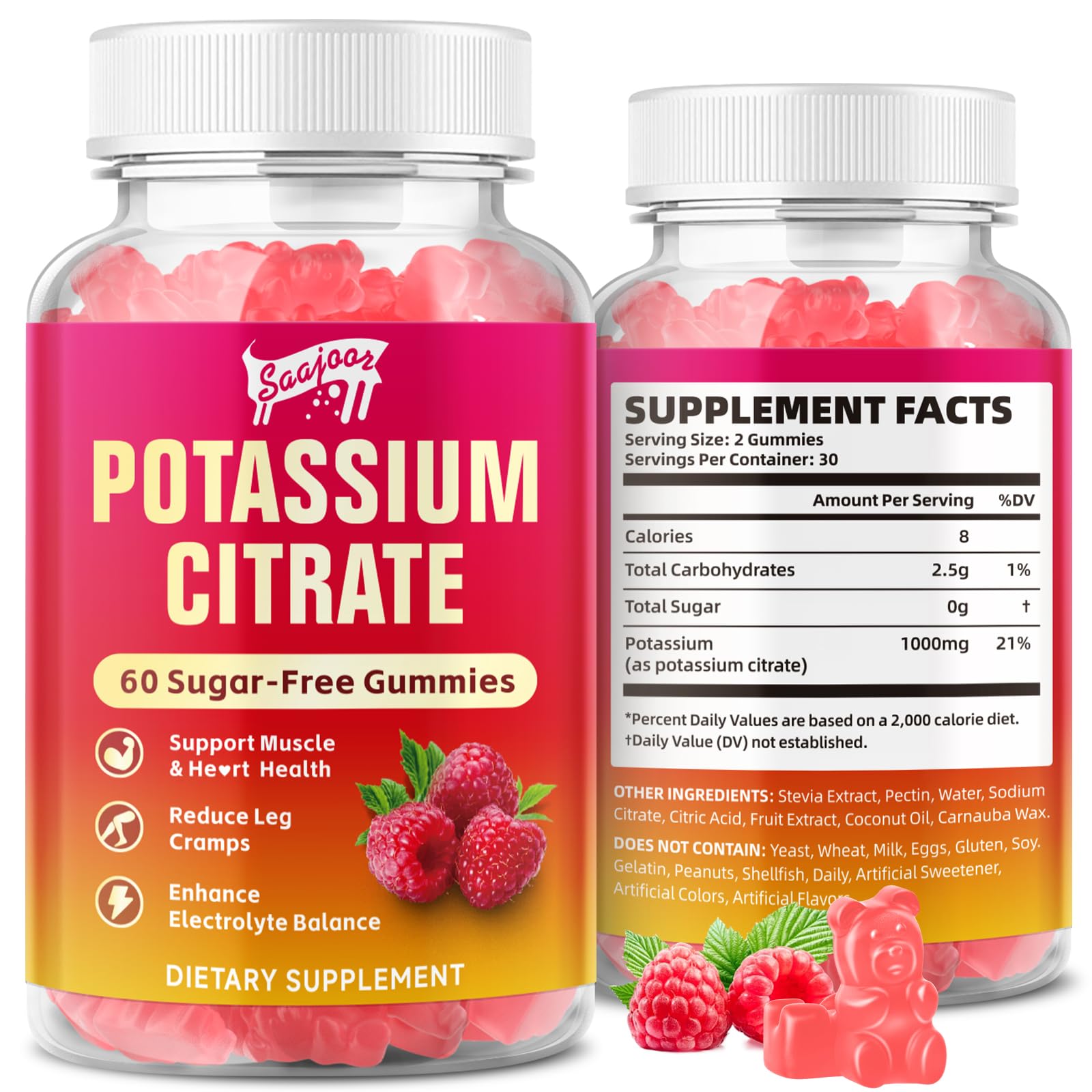 Saajoor Potassium Citrate Gummies 1000mg Potassium Supplement for Adults, Women & Men, Supports Leg Cramps & Muscle Health, 60 Count