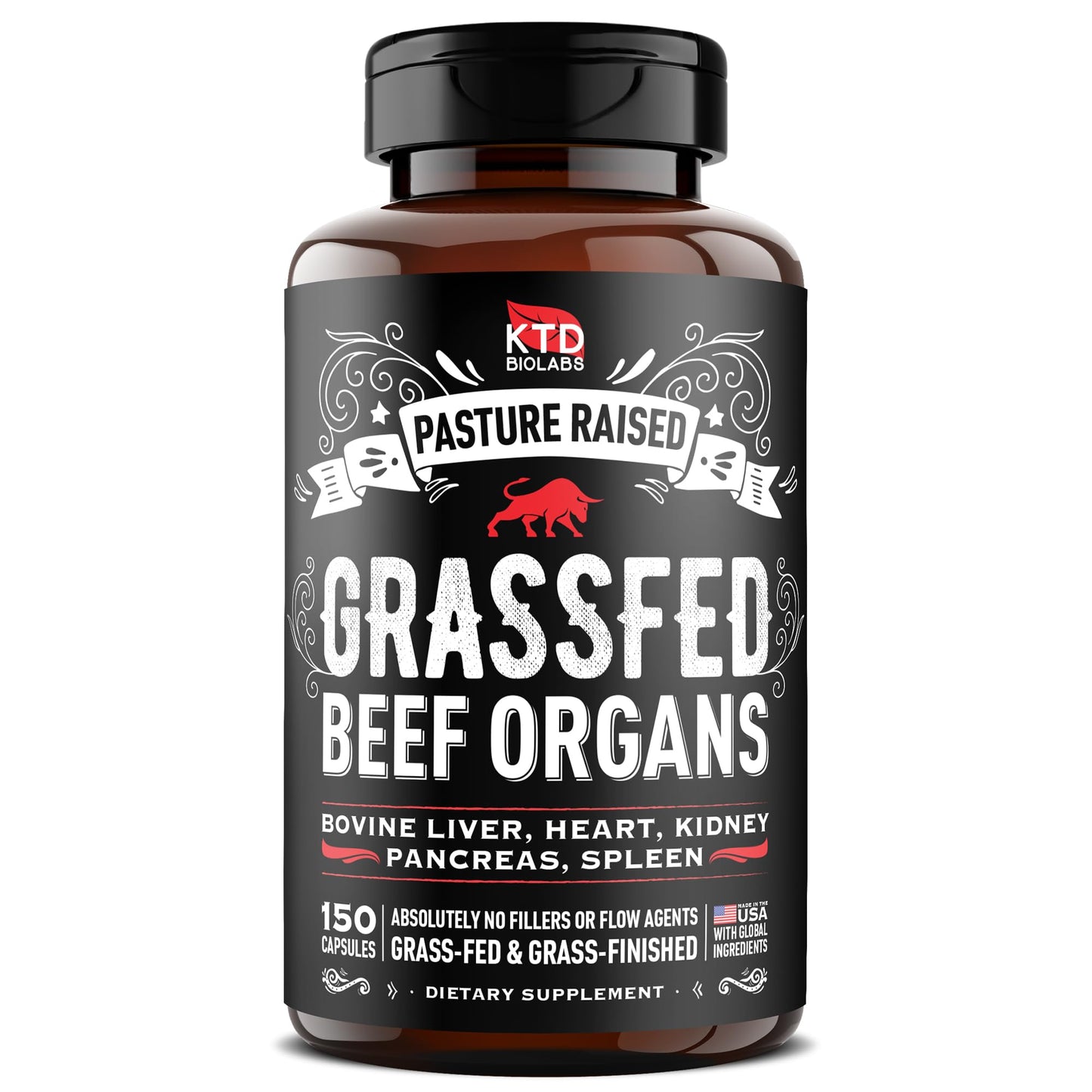 KTD BIOLABS Grass Fed Beef Organs Capsules, Freeze-Dried Liver, Heart, Kidney, Pancreas & Spleen, Pasture-Raised Organ Complex, 150 Capsules