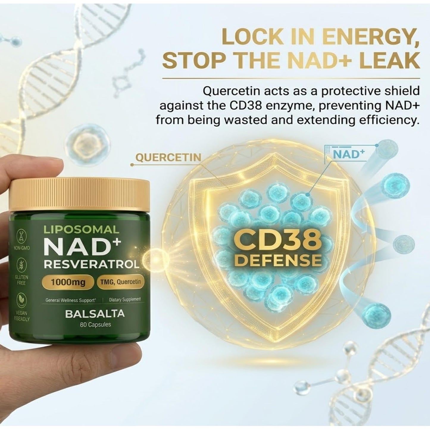BALSALTA Liposomal NAD+ Supplement 1000mg with Resveratrol, TMG & Quercetin, 60 Capsules