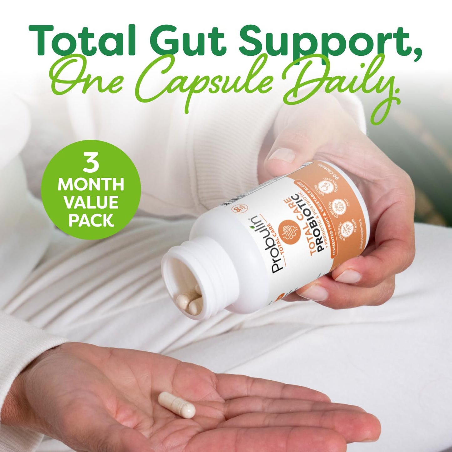 Probulin Total Care Probiotic Supplement Capsules, Daily Gut, Digestive, and Immune Health Probiotics, 20 Billion CFU, Vegan, 90 Count