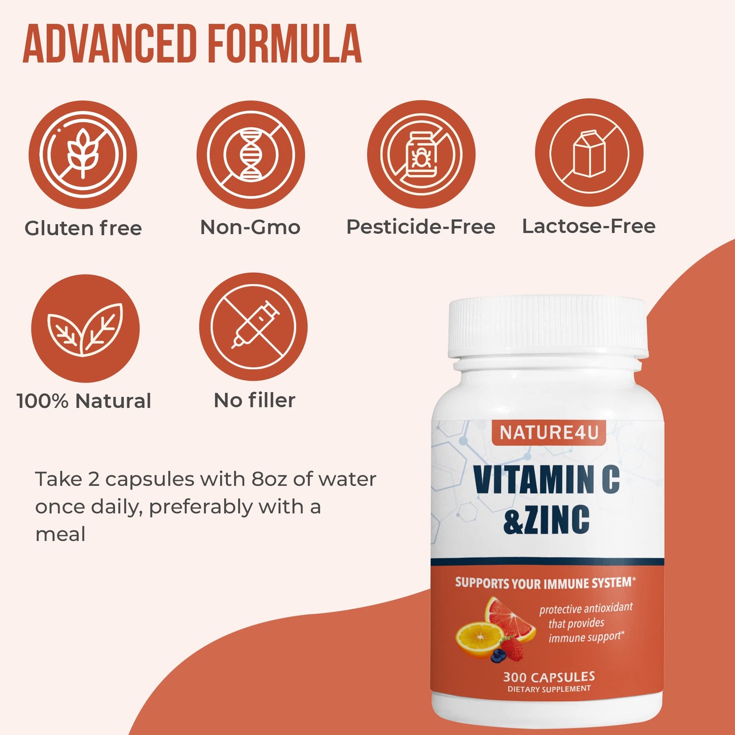 Nature4U Vitamin C 1000mg with Zinc, Rose HIPS and Citrus Bioflavonoids, Immune Support Supplement Antioxidants Protection, 300 Capsules