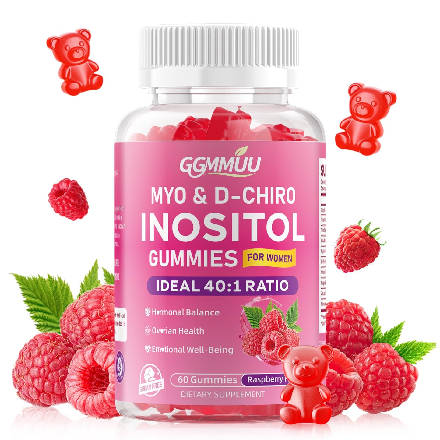 GGMMUU Myo-Inositol & D-Chiro Inositol Gummies for Women 2000mg + 50mg Ideal 40:1 Ratio with Vitamin D3, Magnesium Glycinate, Folate & Zinc for Female, Raspberry Flavor, 60 Count