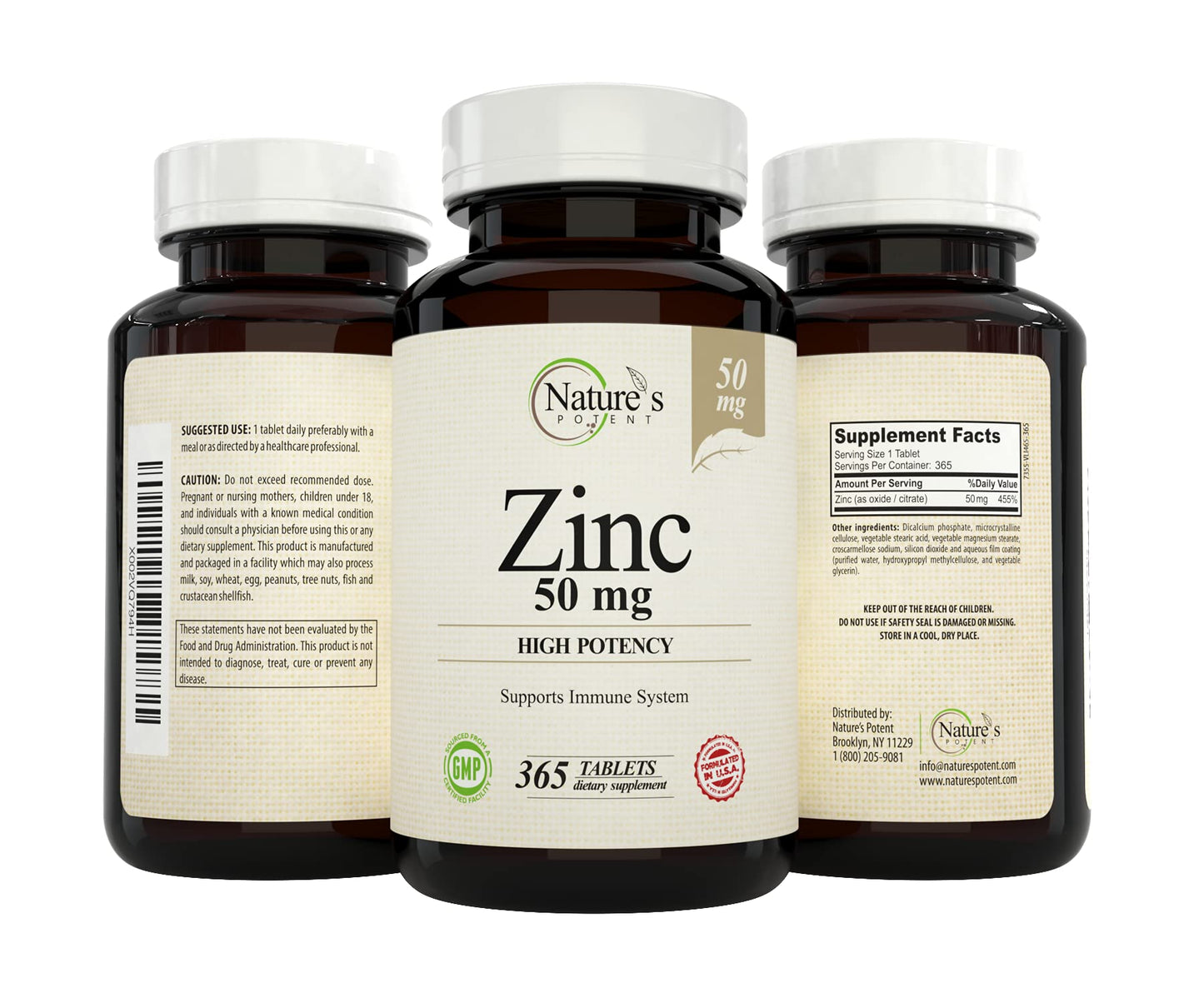 Nature's Potent Zinc 50 mg Immune Support Supplement Tablets, 365 Count